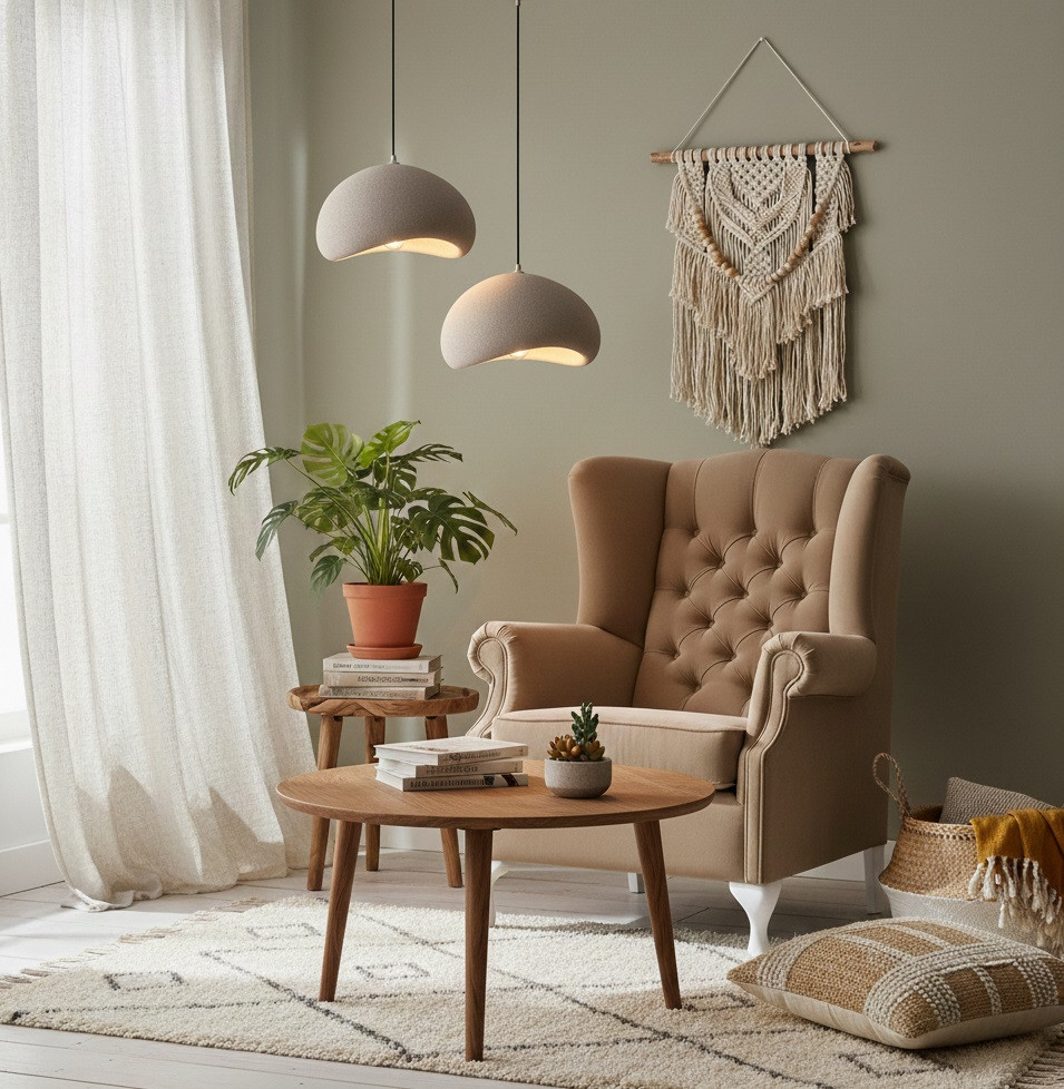 Einrichtung im Color-Drenching-Stil: Auf dem Foto sehen Sie Wabi-Leuchten, den Ohrensessel Ton und einen Couchtisch
